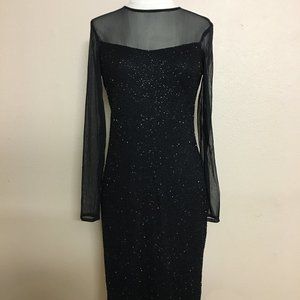 Vintage Marina Bresler Long Sleeve Sheer Black Beaded Dress Cocktail Formal